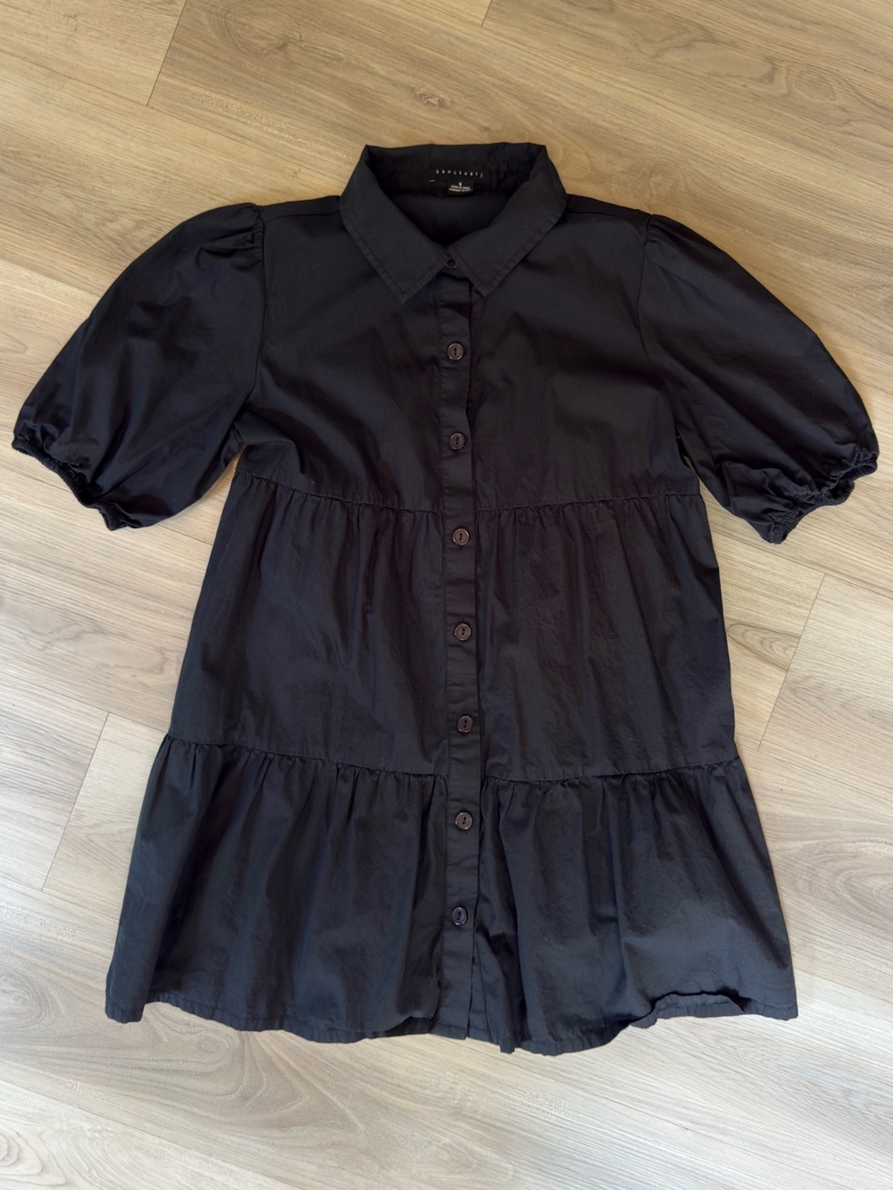 Sanctuary 
Black Button-Front Tiered Puff Sleeve mini dress
Size: Small